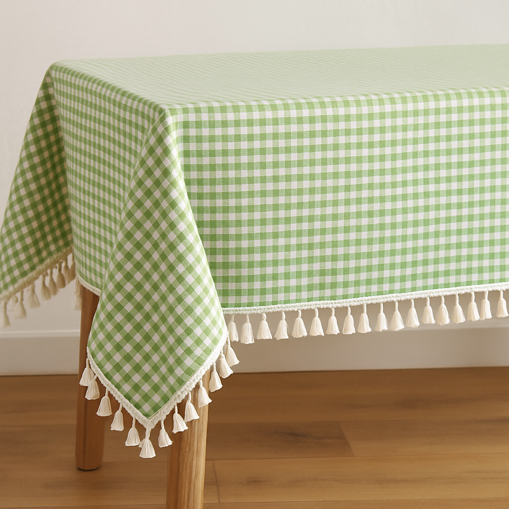 Green Rustic Gingham Check Tasseled Cotton Blend Tablecloth