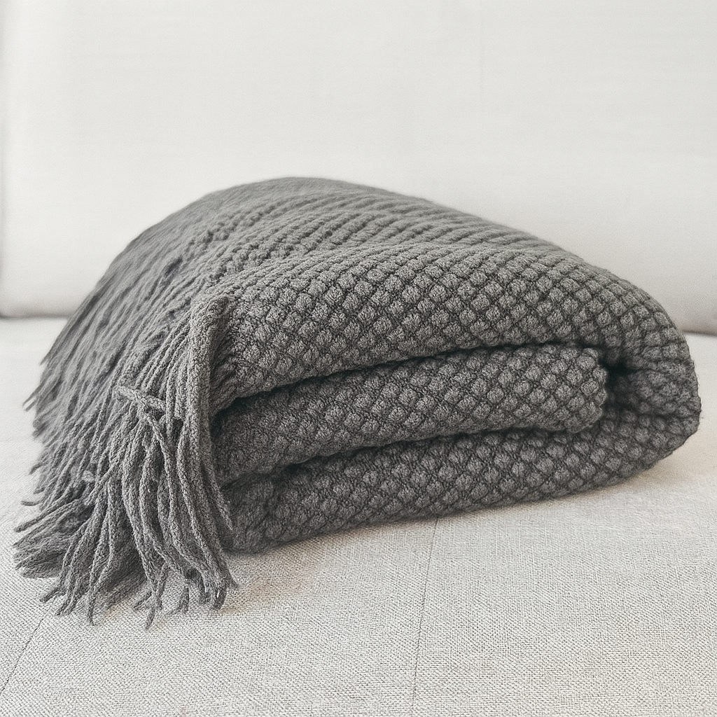 Grey Textured Knit Throw Blanket with Fringe – 50" x 60"