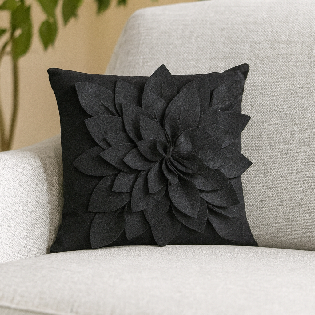 Black 3D Petal Flower 17" Throw Pillow