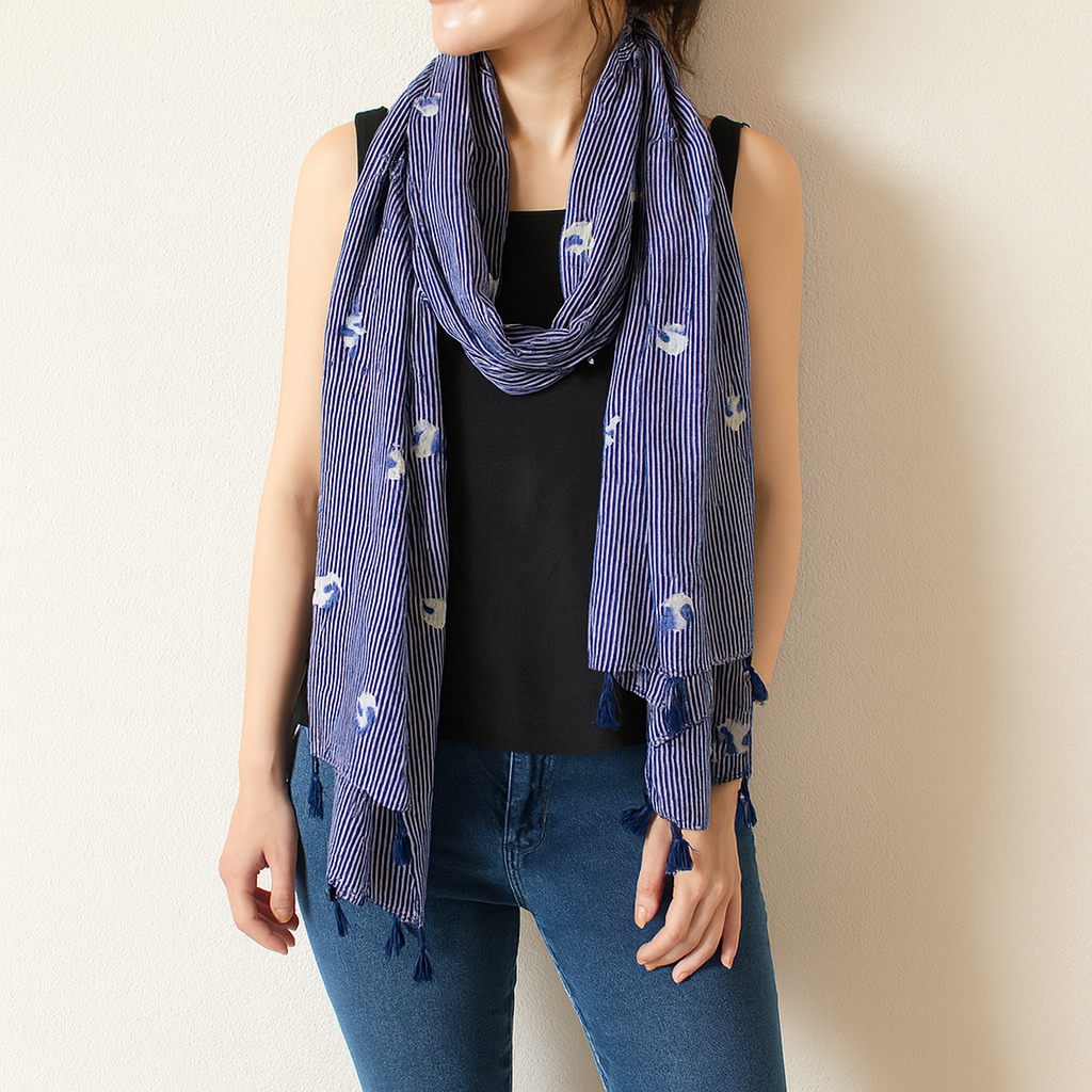 Navy Blue Floral Stripe Wrap Scarf with Tassels