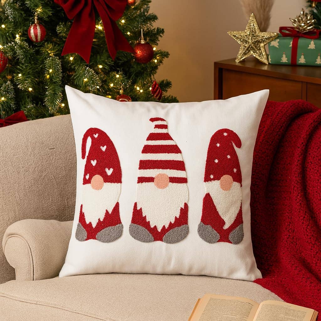 Embroidered Gnomes Christmas 18" Throw Pillow