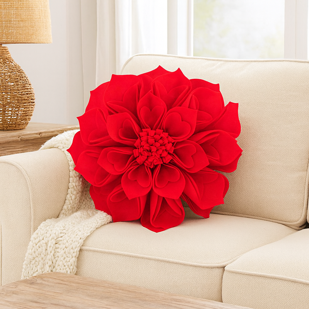 Red 3D Heart-Shaped Petal Flower Throw Pillow