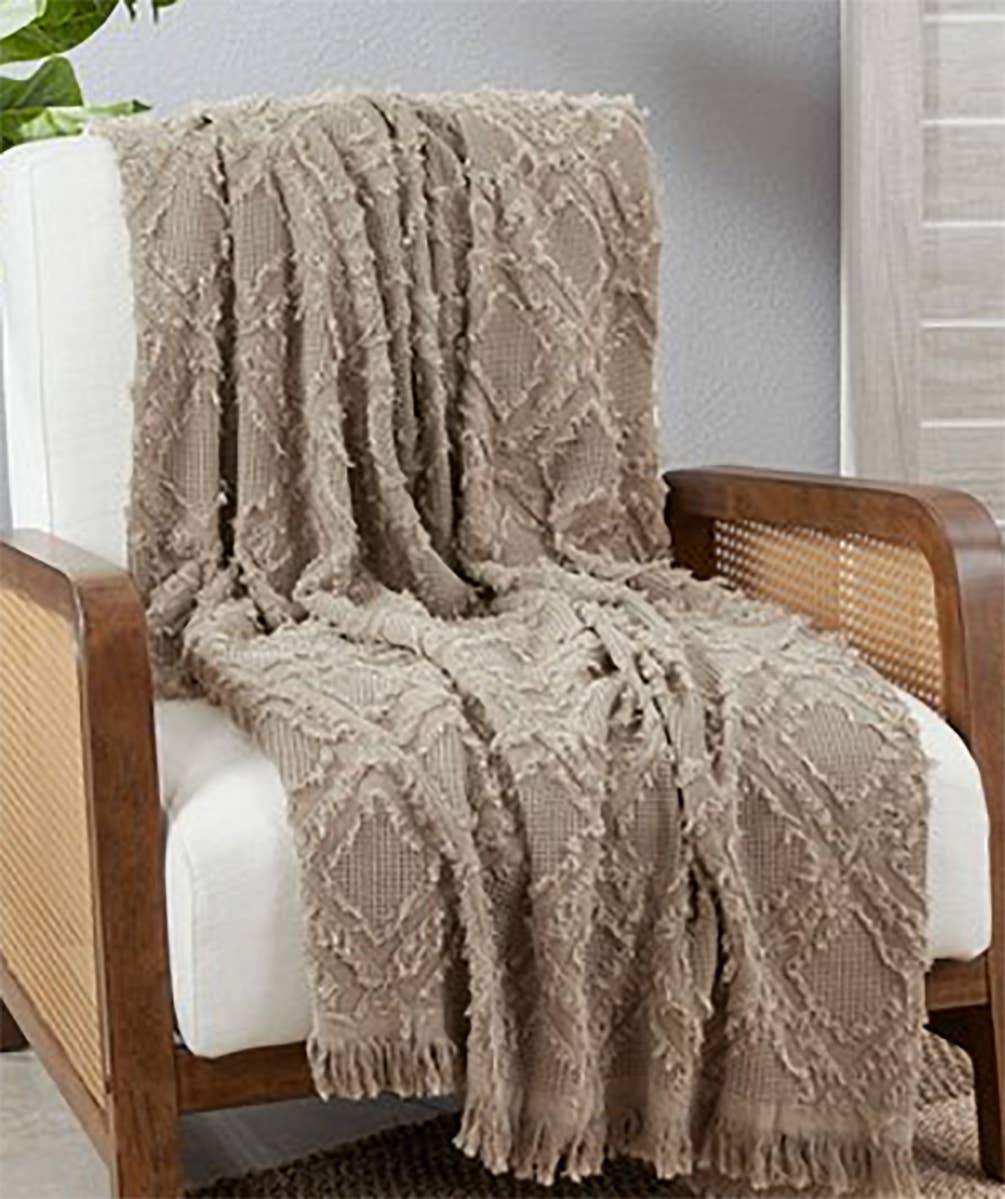Natural Fringe Waffle Weave Cotton Throw Blanket