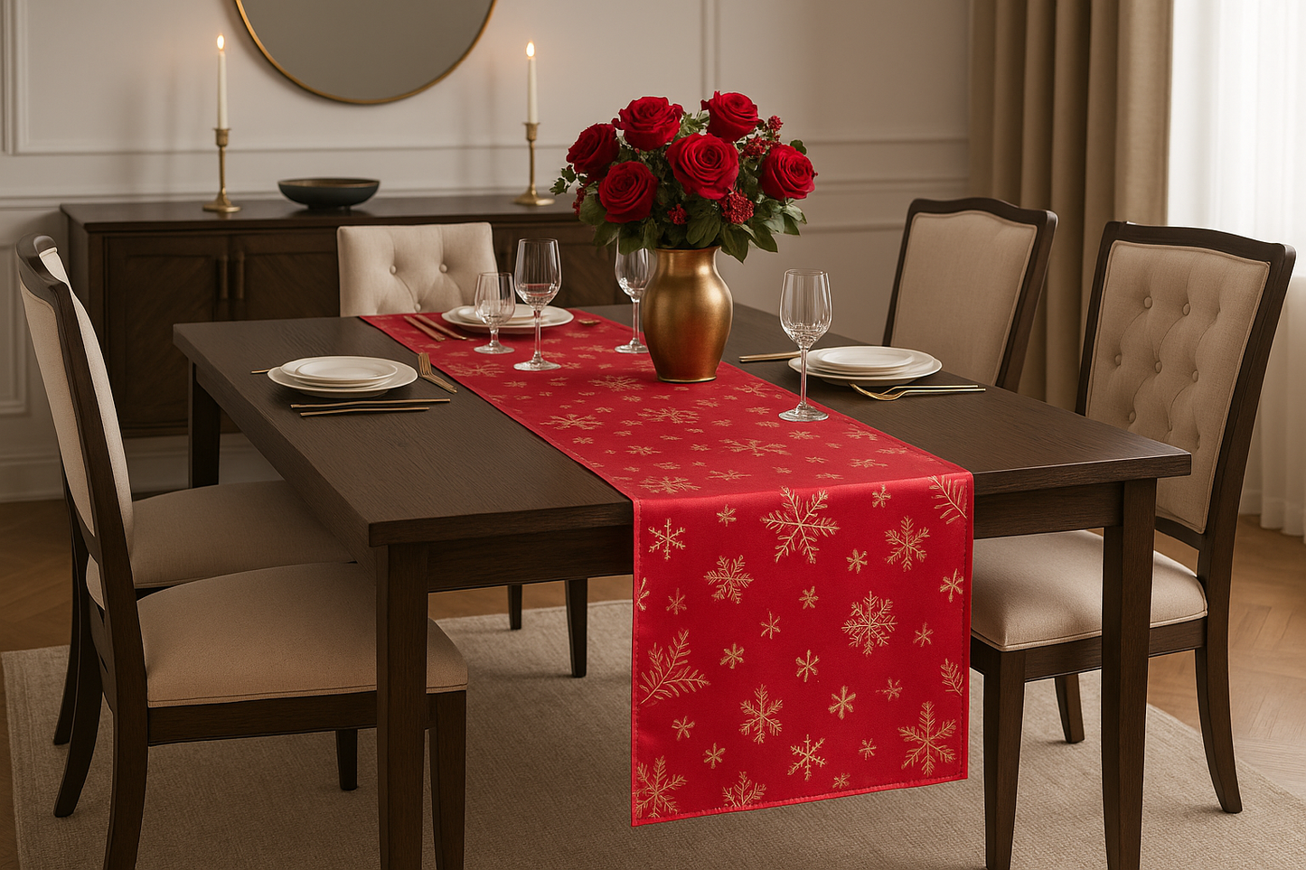 Gold Foil Snowflake Festive Red Table Runner