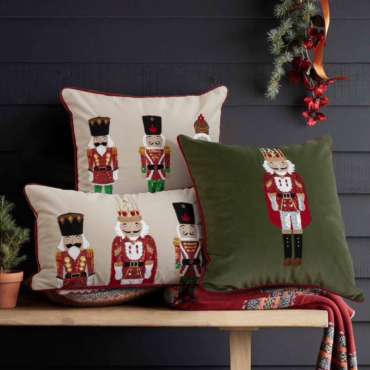 Embroidered & Sequined Nutcracker Velvet 18" Throw Pillow