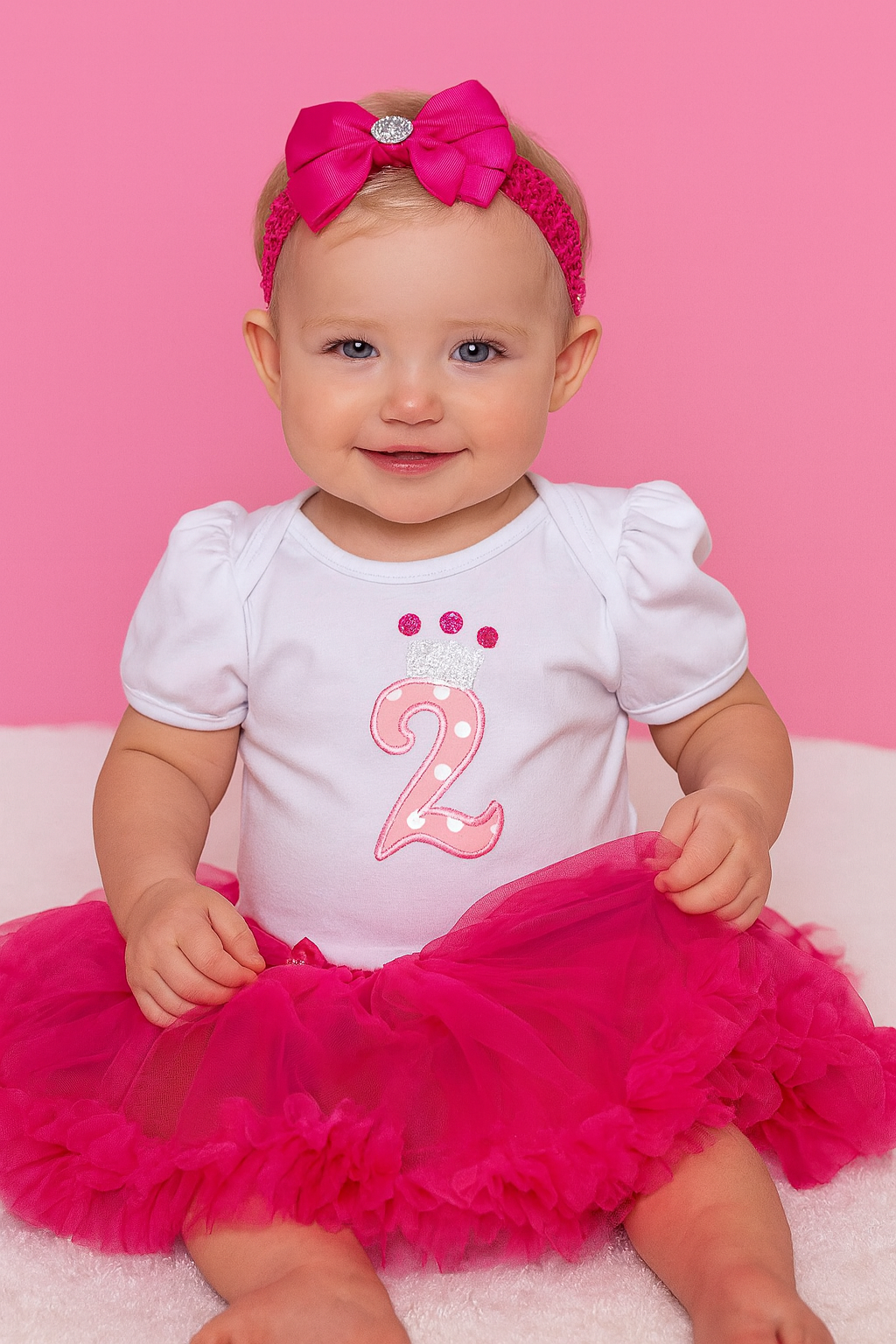 Fuchsia-White 2nd Year Toddler Romper Tutu Dress & Headband