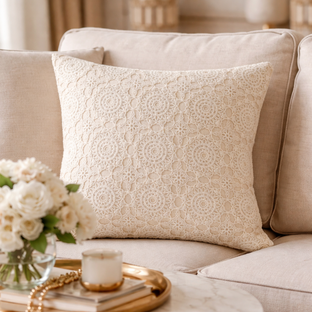 White Medallion Embroidery Lace 18" Throw Pillow