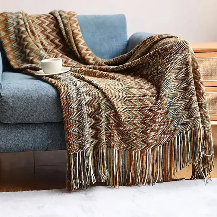 Green-Brown Zigzag Soft Boho Throw Blanket