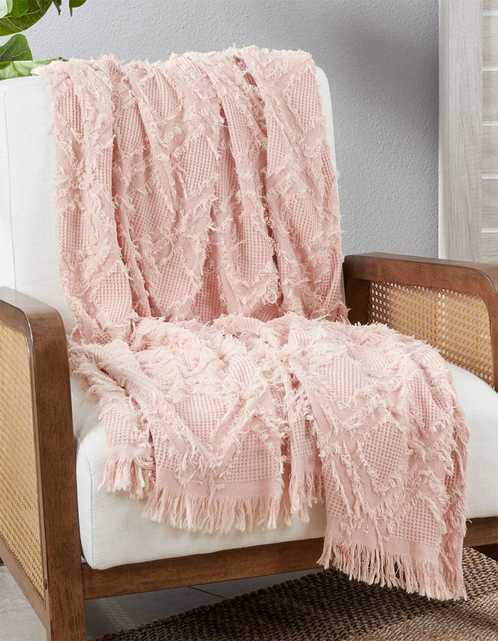 Rose Fringe Waffle Weave Cotton Throw Blanket