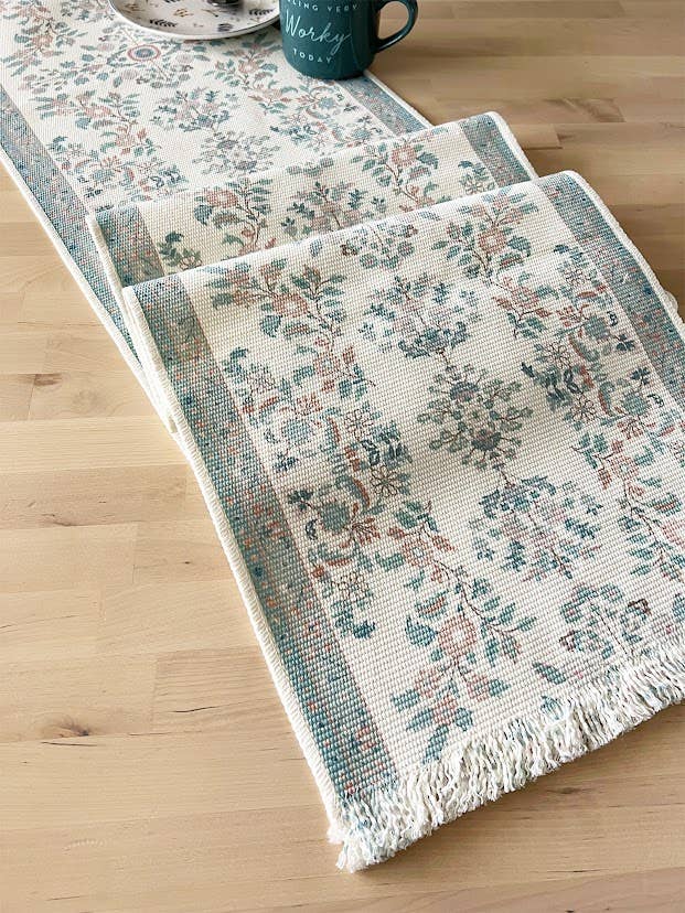 Green Botanical Flower Fringed Cotton Blend Table Runner