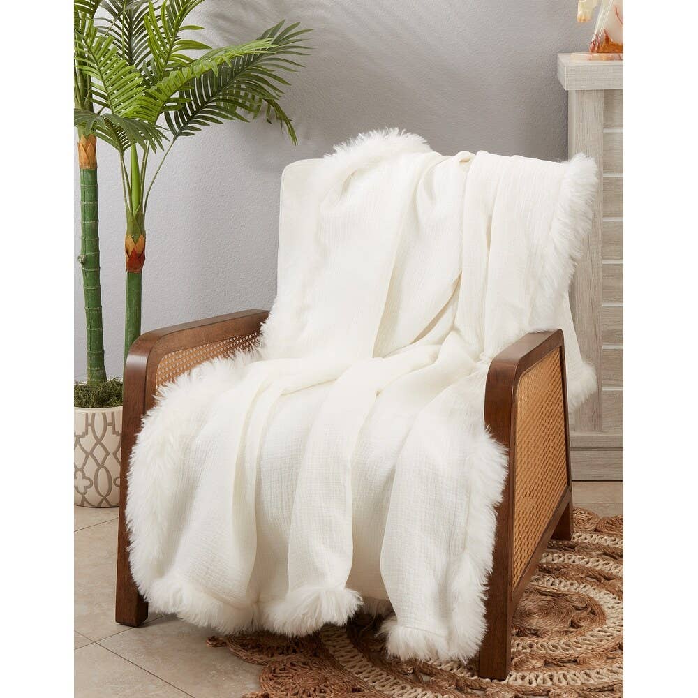 Ivory Lamb Fur Trim Linen 55x70 Throw Blanket
