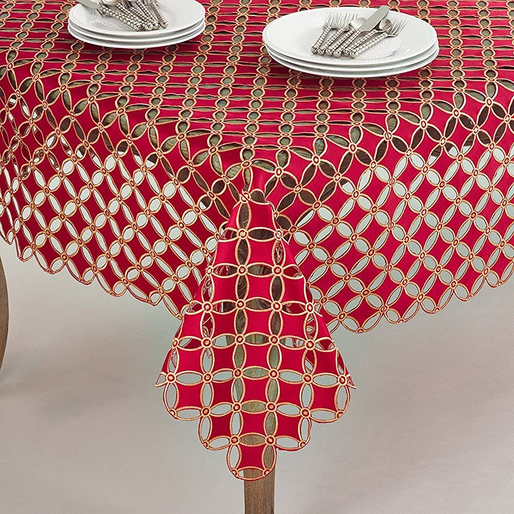 Red White Cutwork 84" Square Tablecloth