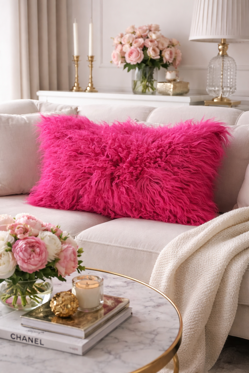 3564 - Fuchsia Mongolian Lamb Fur Filled Throw Pillow - 12"x 20"