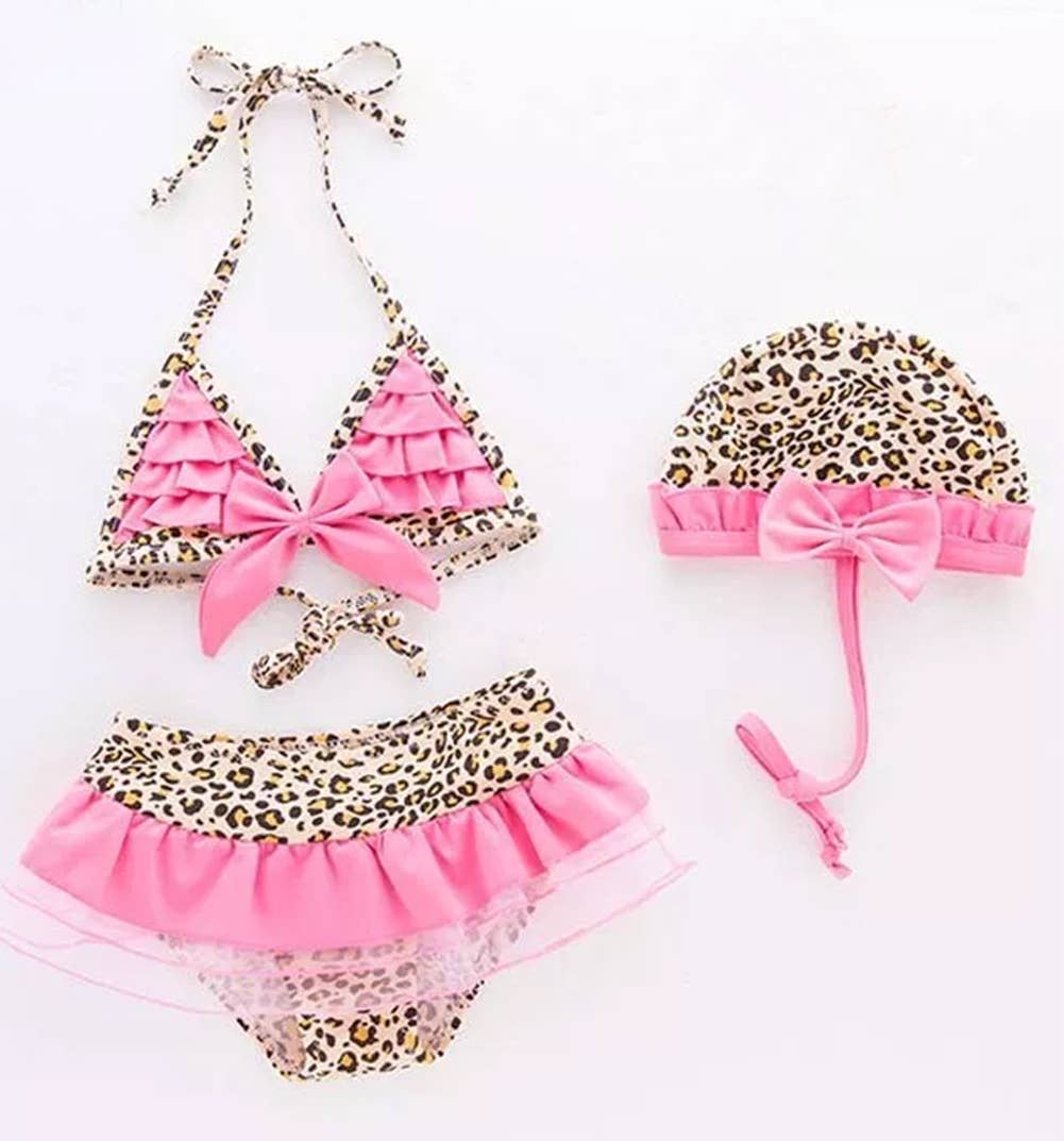 Pinky Leopard Ruffled Little Girl Swimsuit 3pcs Set