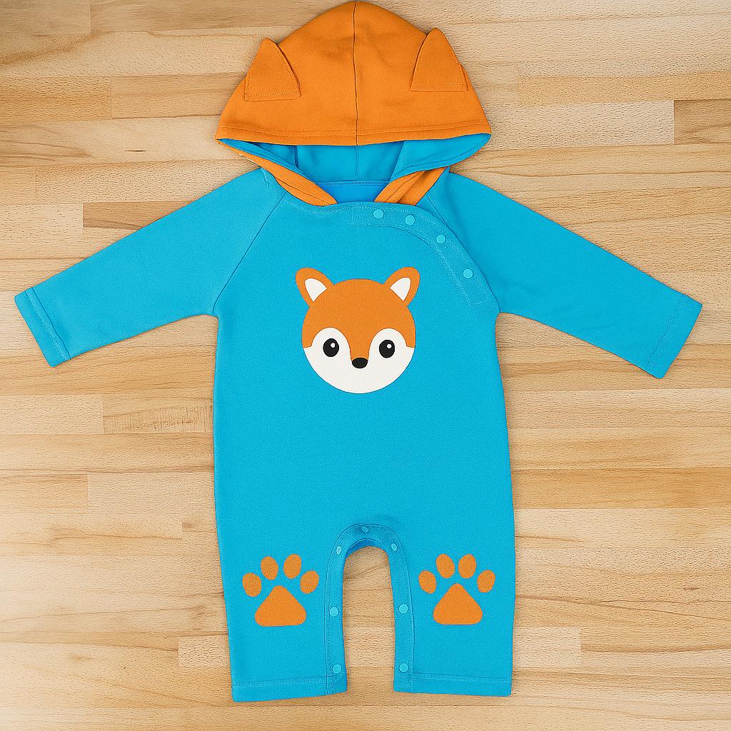 Blue-Green Little Fox Hooded Baby Romper