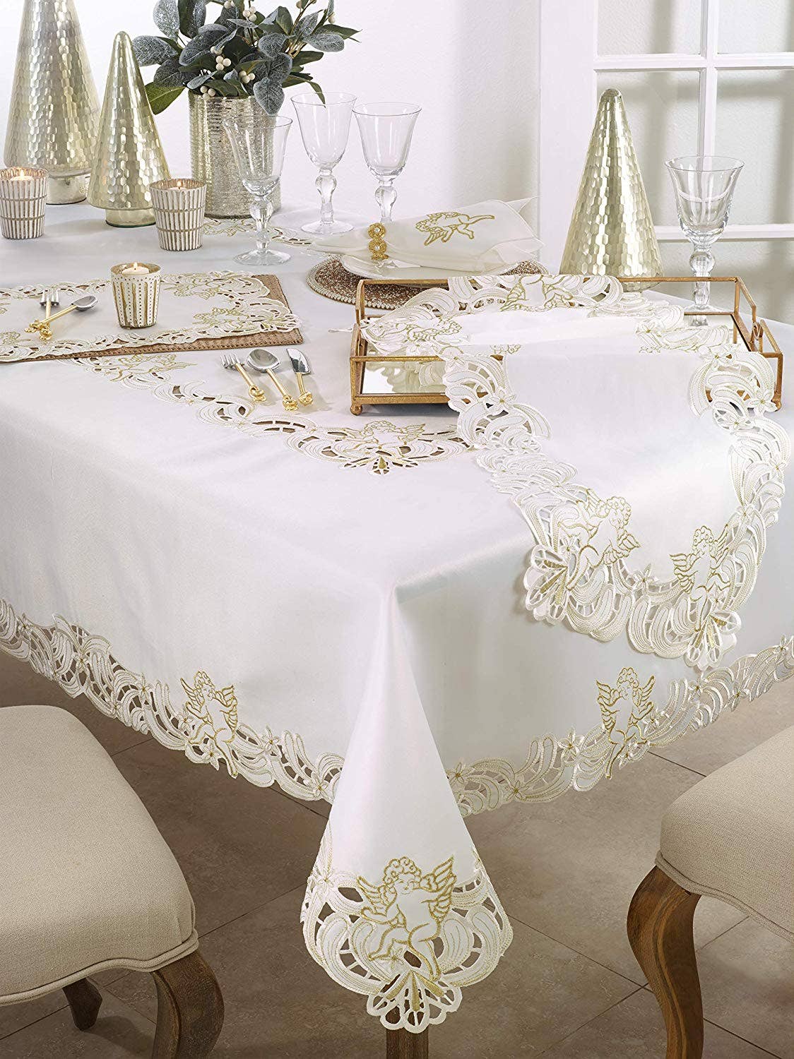 412 - Ivory Embroidered Cupid Tablecloth