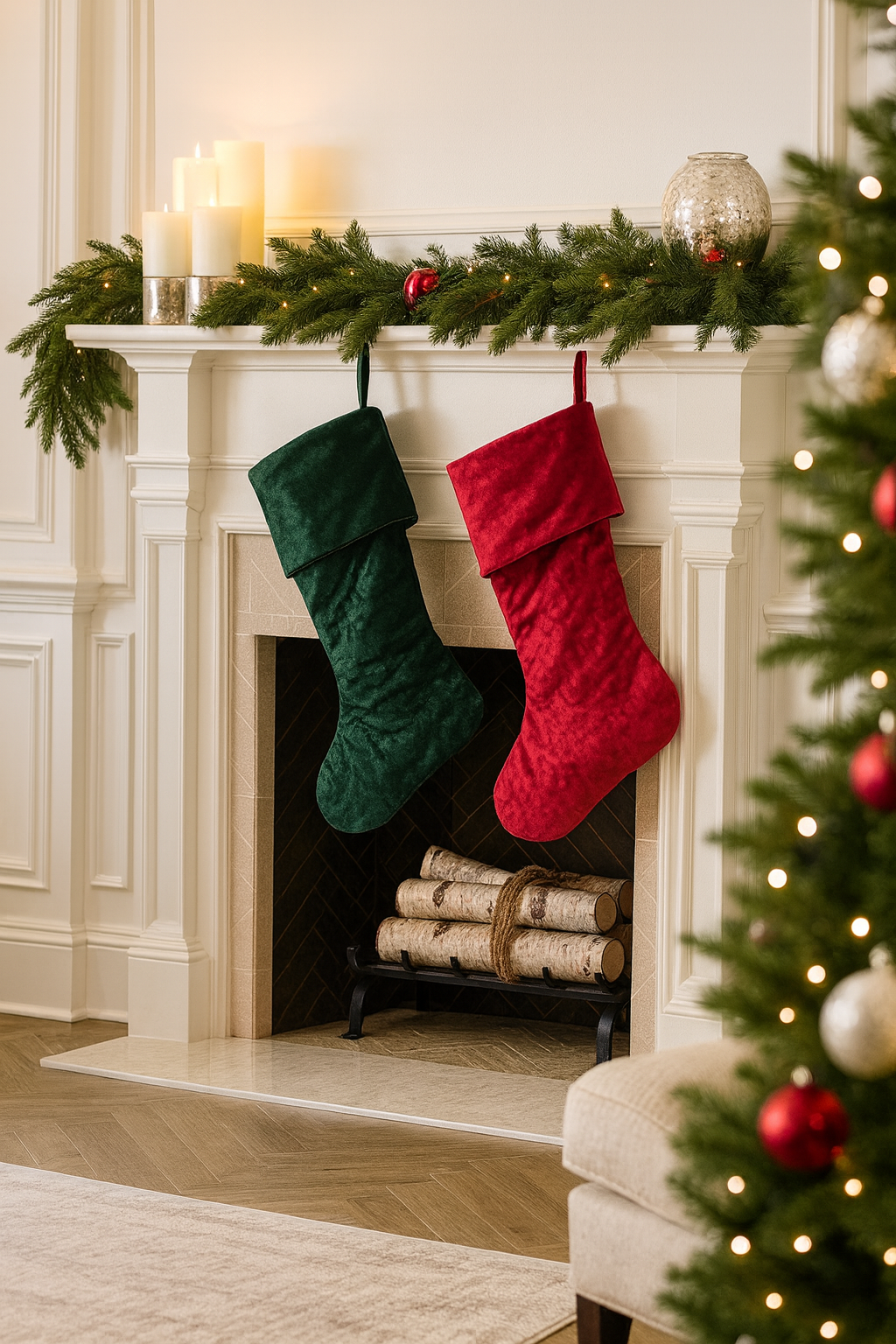 Red-Green Classic Velvet Tree Pattern Christmas Stocking