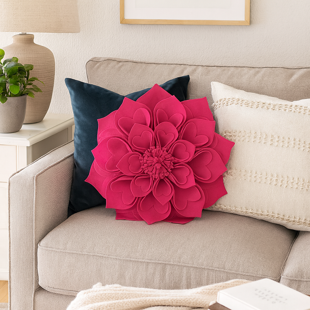 Fuchsia 3D Heart-Shaped Petal Flower Throw Pillow