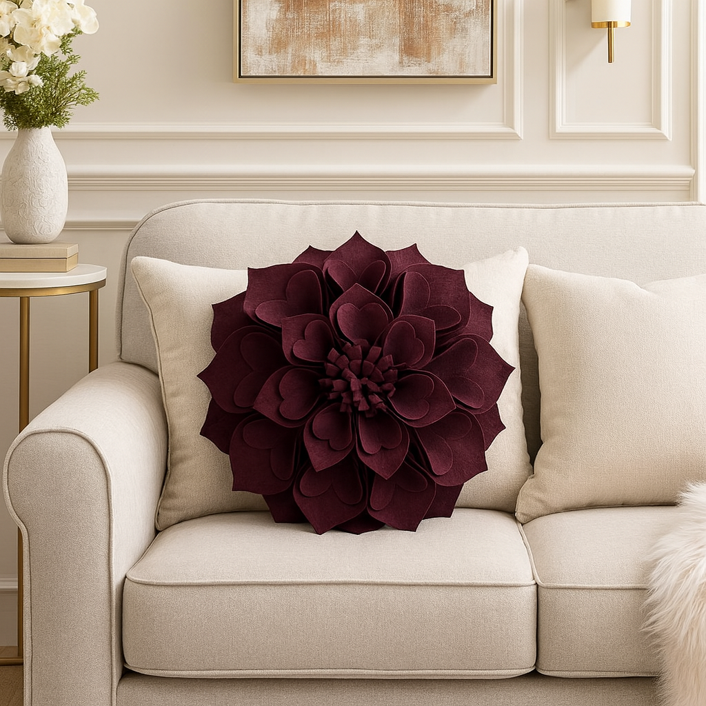 Wine 3D Heart-Shaped Petal Flower Throw Pillow