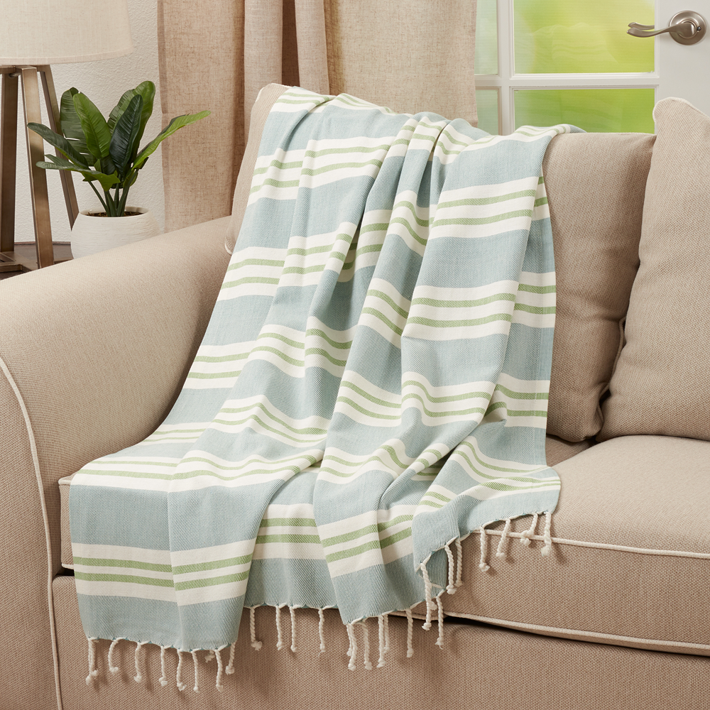 Aqua Striped Cotton 50"X60" Throw Blanket