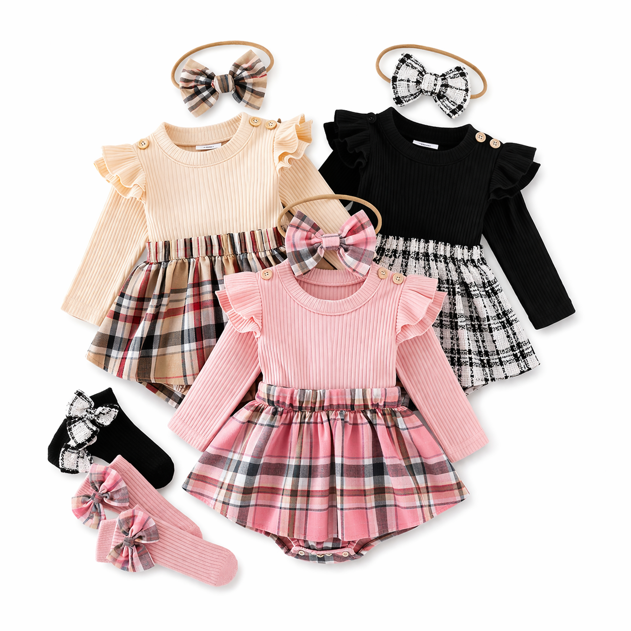 Baby Ribbed Romper Dress Set with Headband and Knee Socks