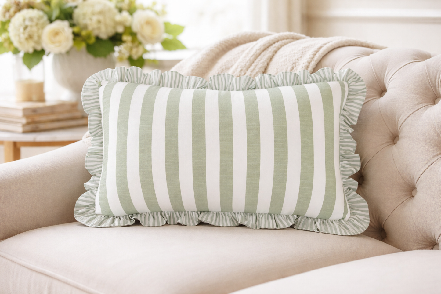 4423 - Green Double-Sided Striped Ruffle 12"X20" Throw Pillow