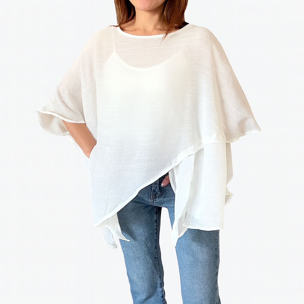 White Asymmetrical Hem Boat Neck Loose Tunic