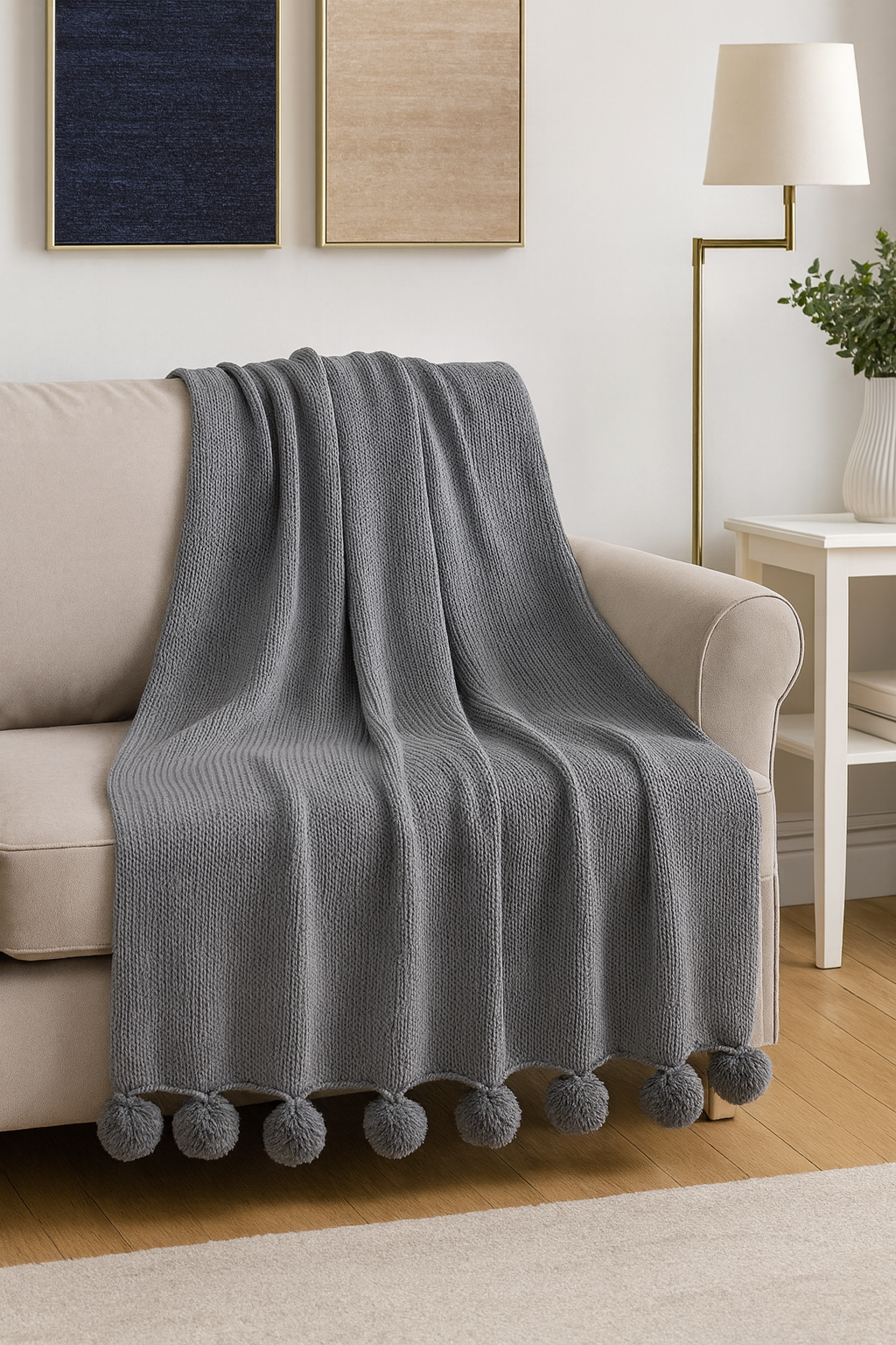 Classic Solid Grey Knit Pom Pom 50x60 Throw Blanket