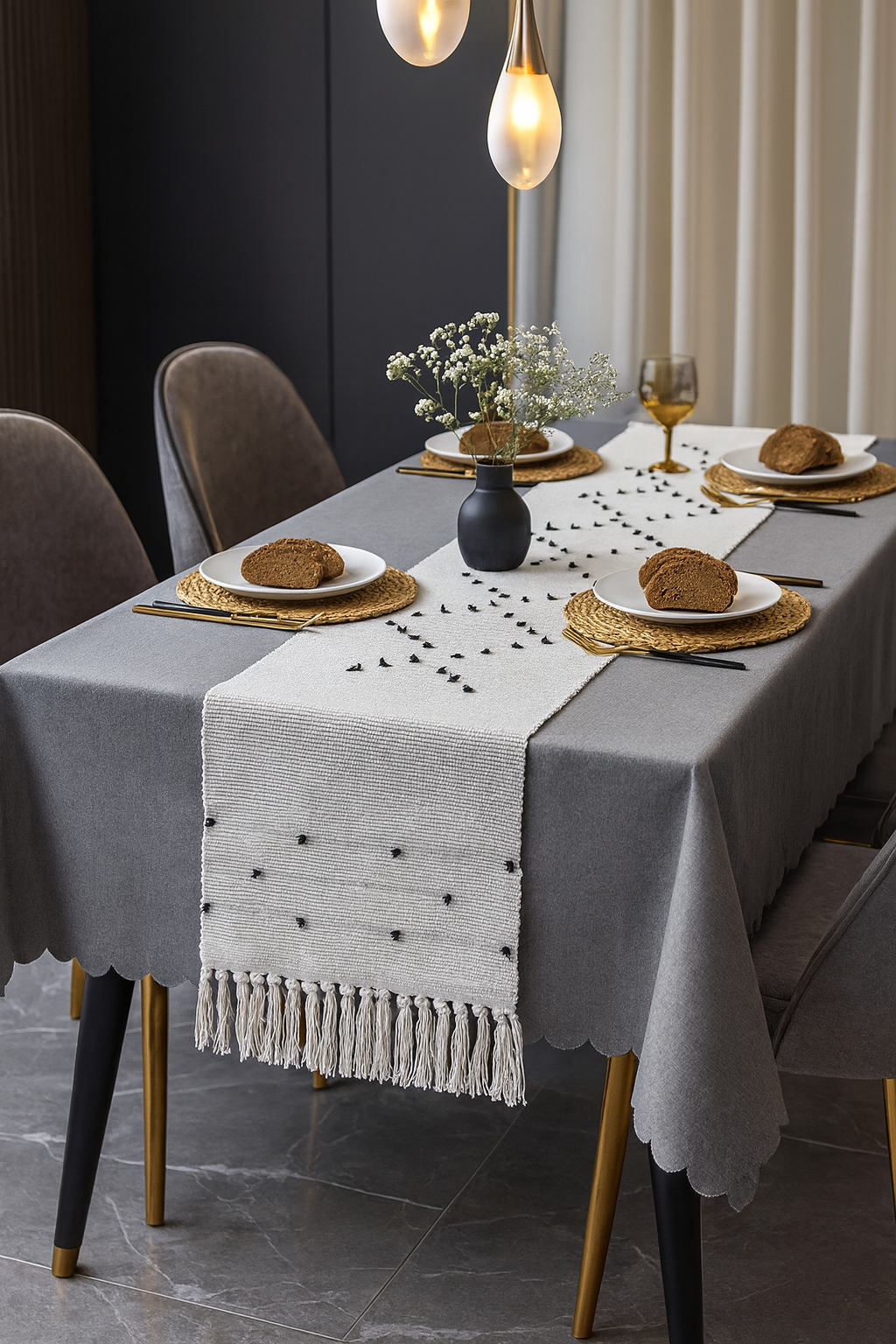 Boho Stitched Cotton Blend Table Runner with Fringe