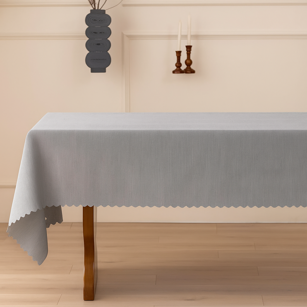 Slate Scalloped Edge Vertical Textured Striped Tablecloth