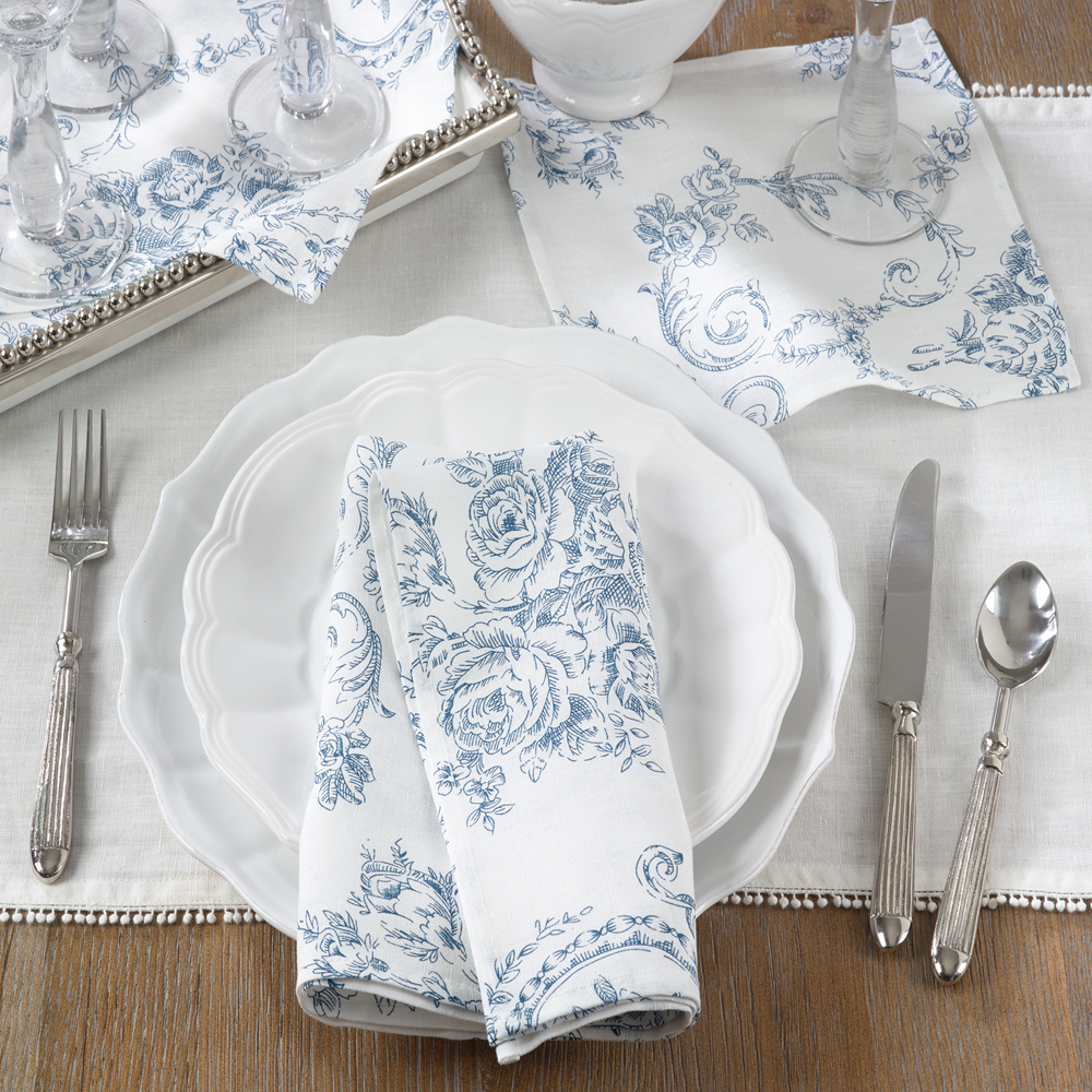 1162 - Indigo Toile Floral White 100% Linen Cloth Napkin