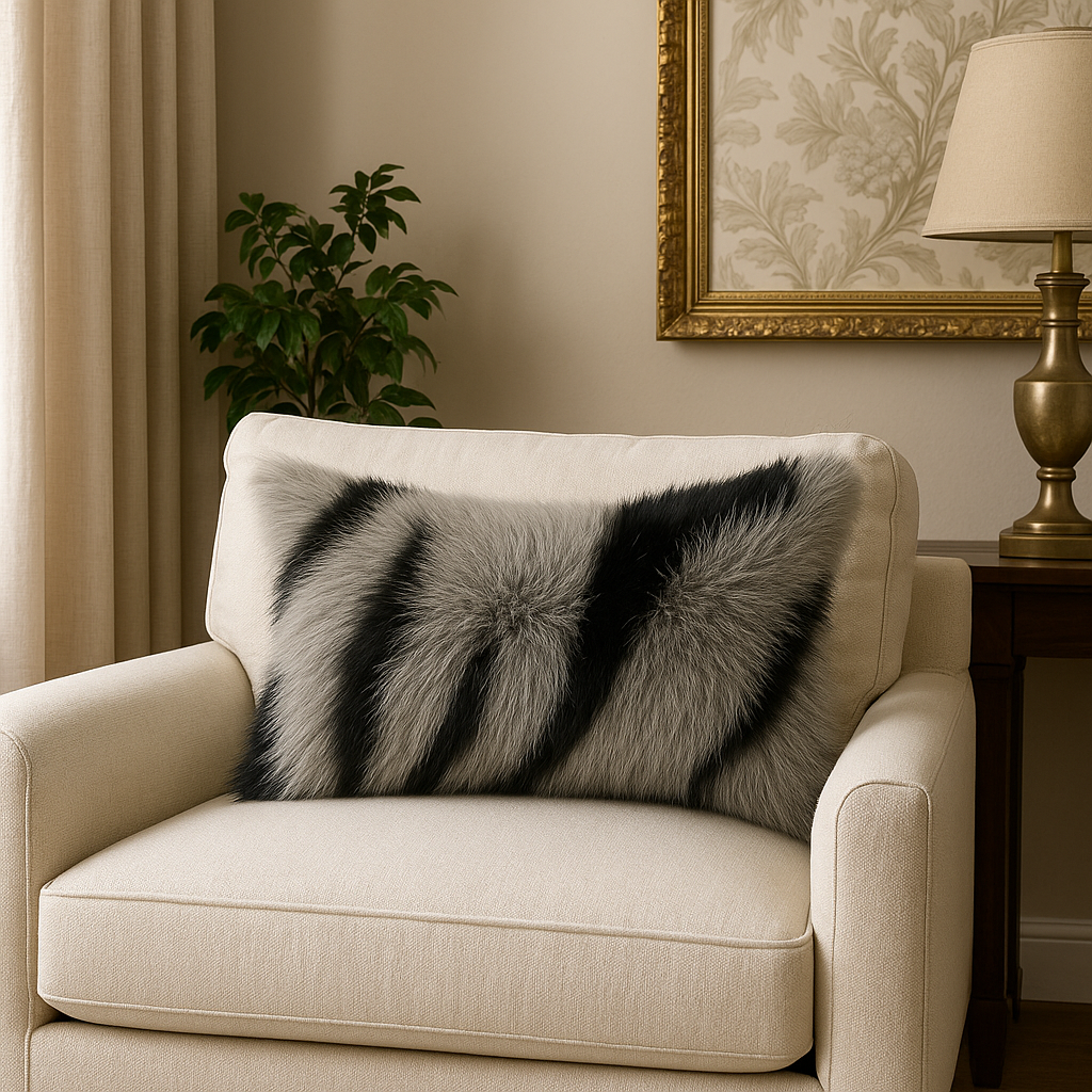 Grey and Black Zebra Stripe Faux Fur 12"X20" Throw Pillow