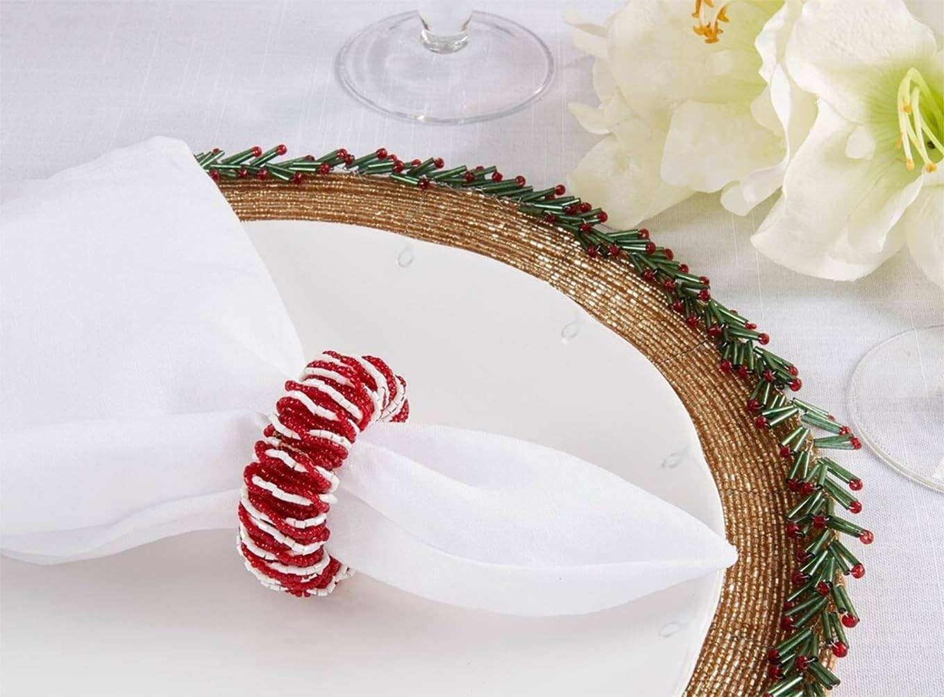 Red White Glass Beads Napkin Ring