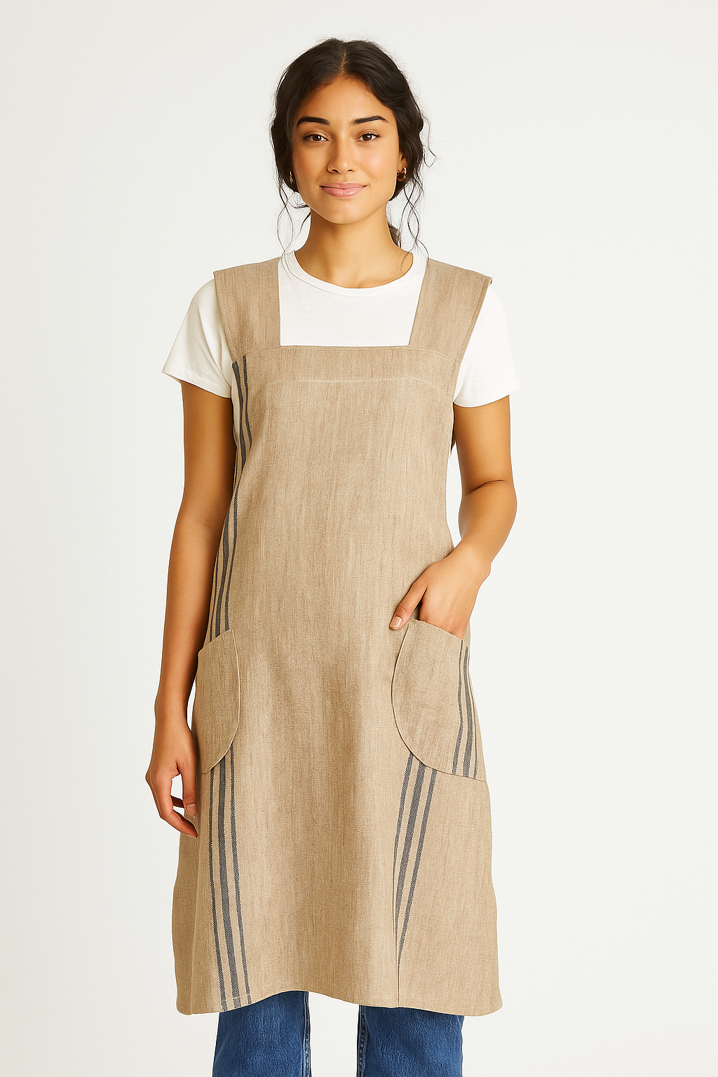 1058 - Criss-Cross Back Blue Striped Pure Linen Natural Apron