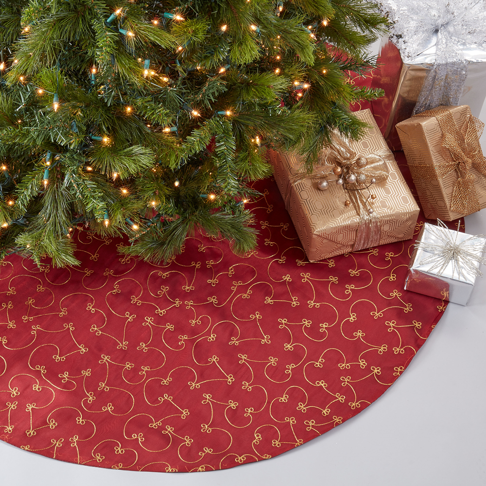 38TRS - Gold Embroidered Burgundy Christmas Tree Skirt