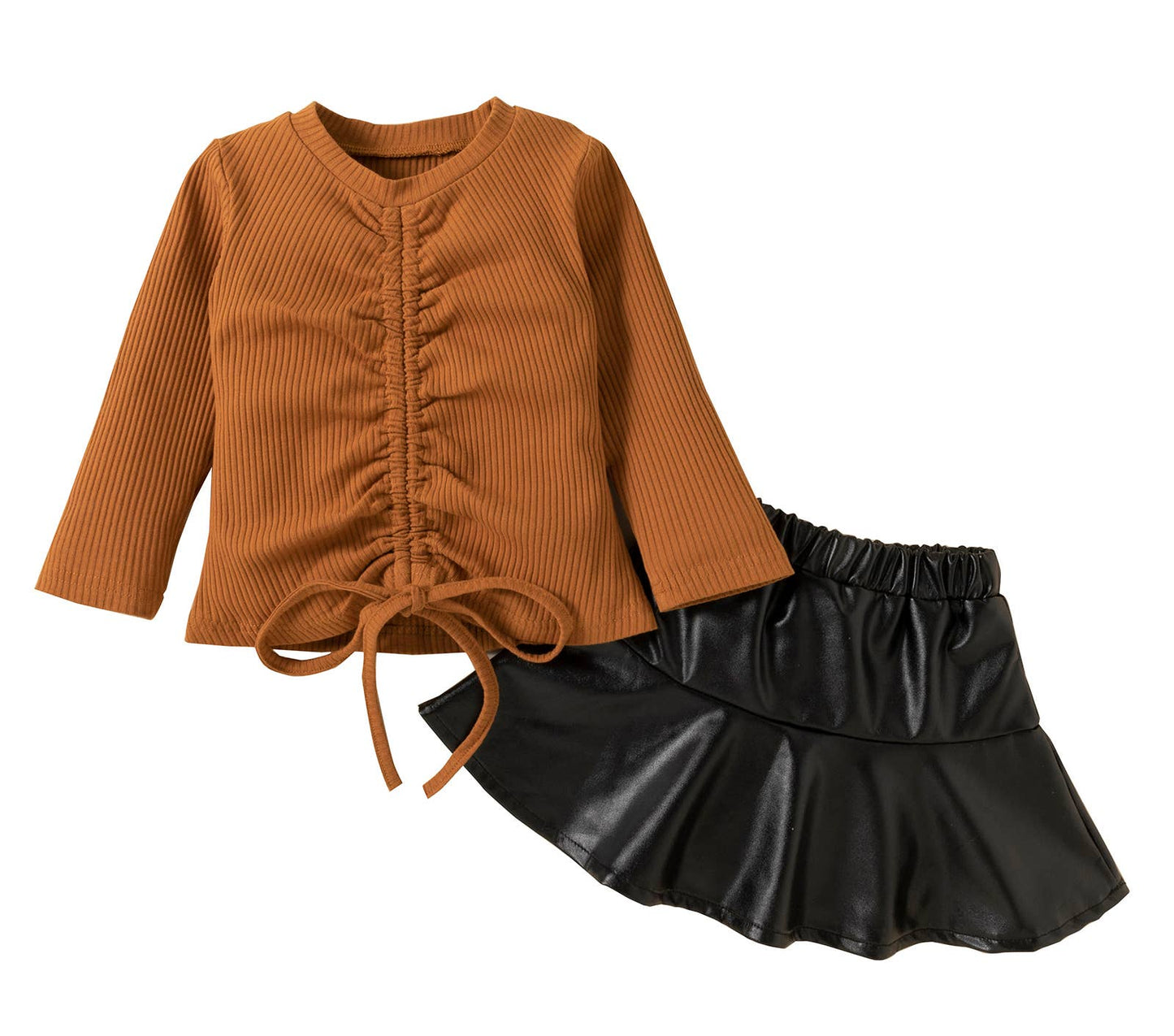 Brown Drawstring Ribbed Girl Blouse & Black Skirt