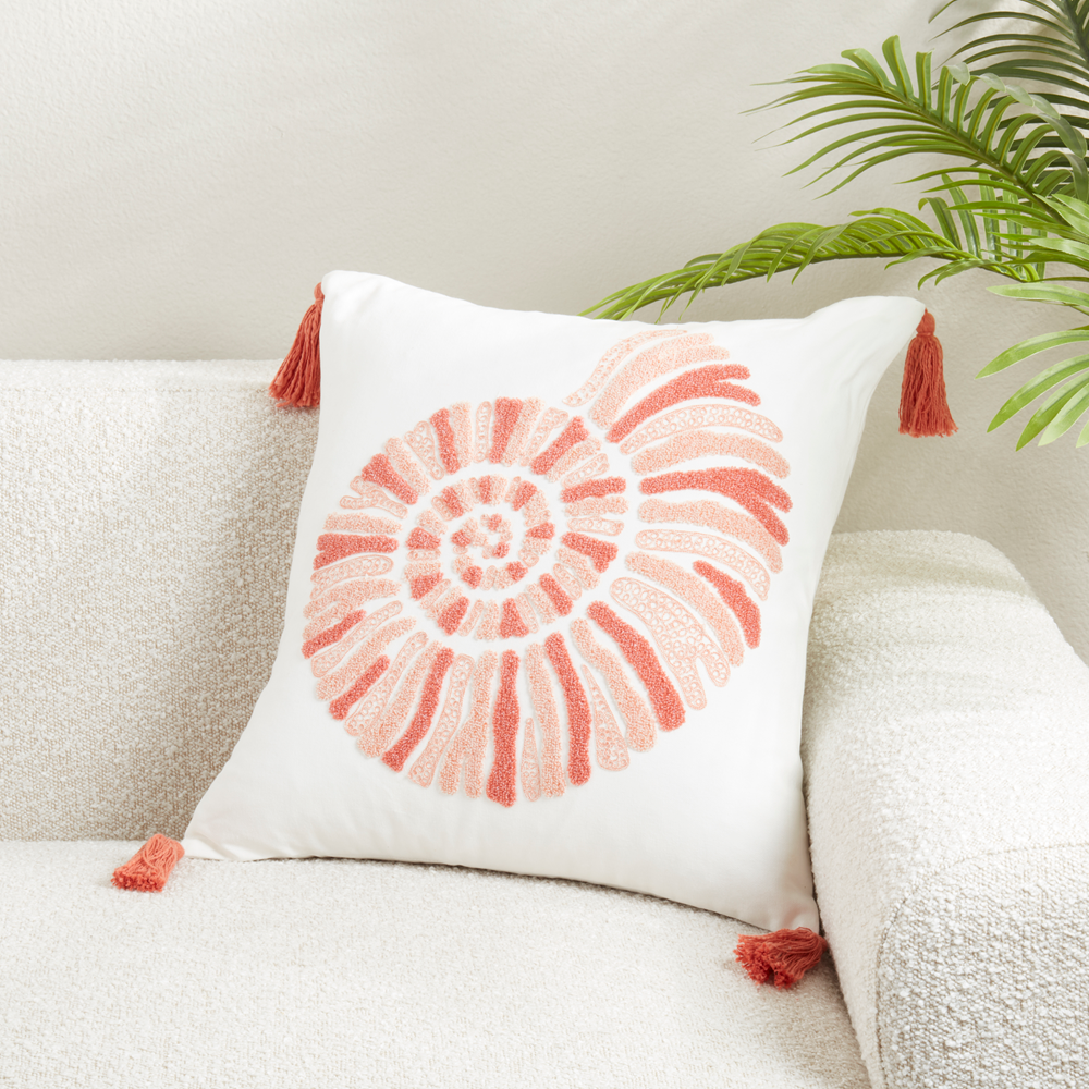 8305 - Coral Embroidered Seashell 20" Cotton Throw Pillow