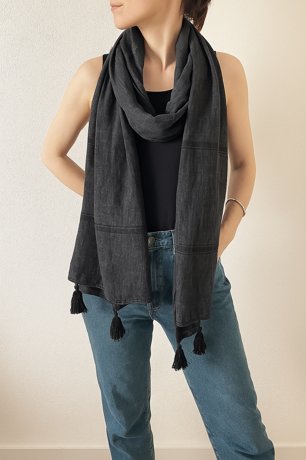 Black Plaid Garment Dye Cotton Scarf with Tassels
