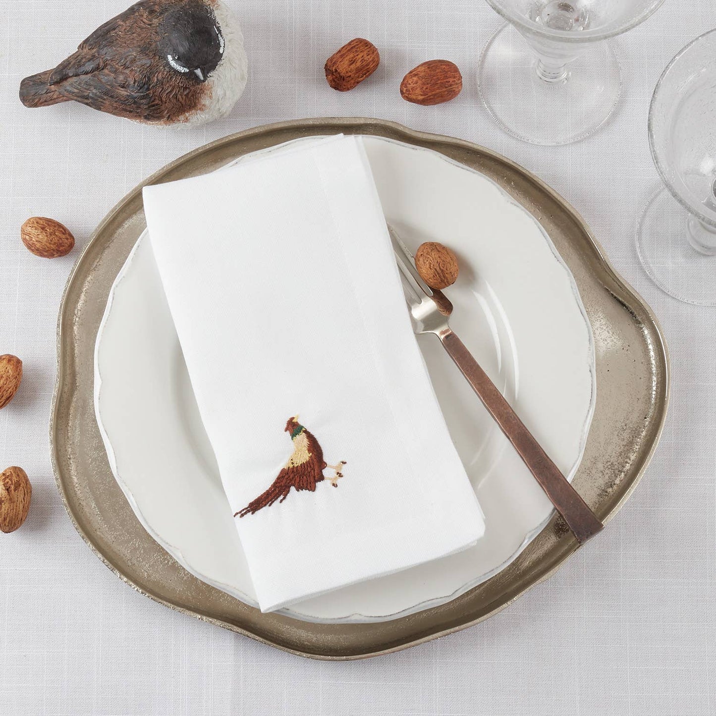 Embroidered Pheasant White 20" Dinner Napkin