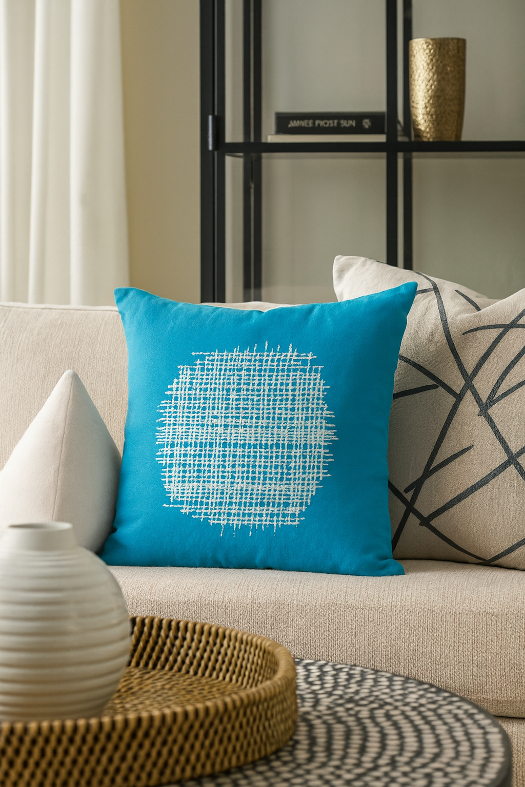 801 - Turquoise Stitched Cotton Down-Filled 18" Throw Pillow