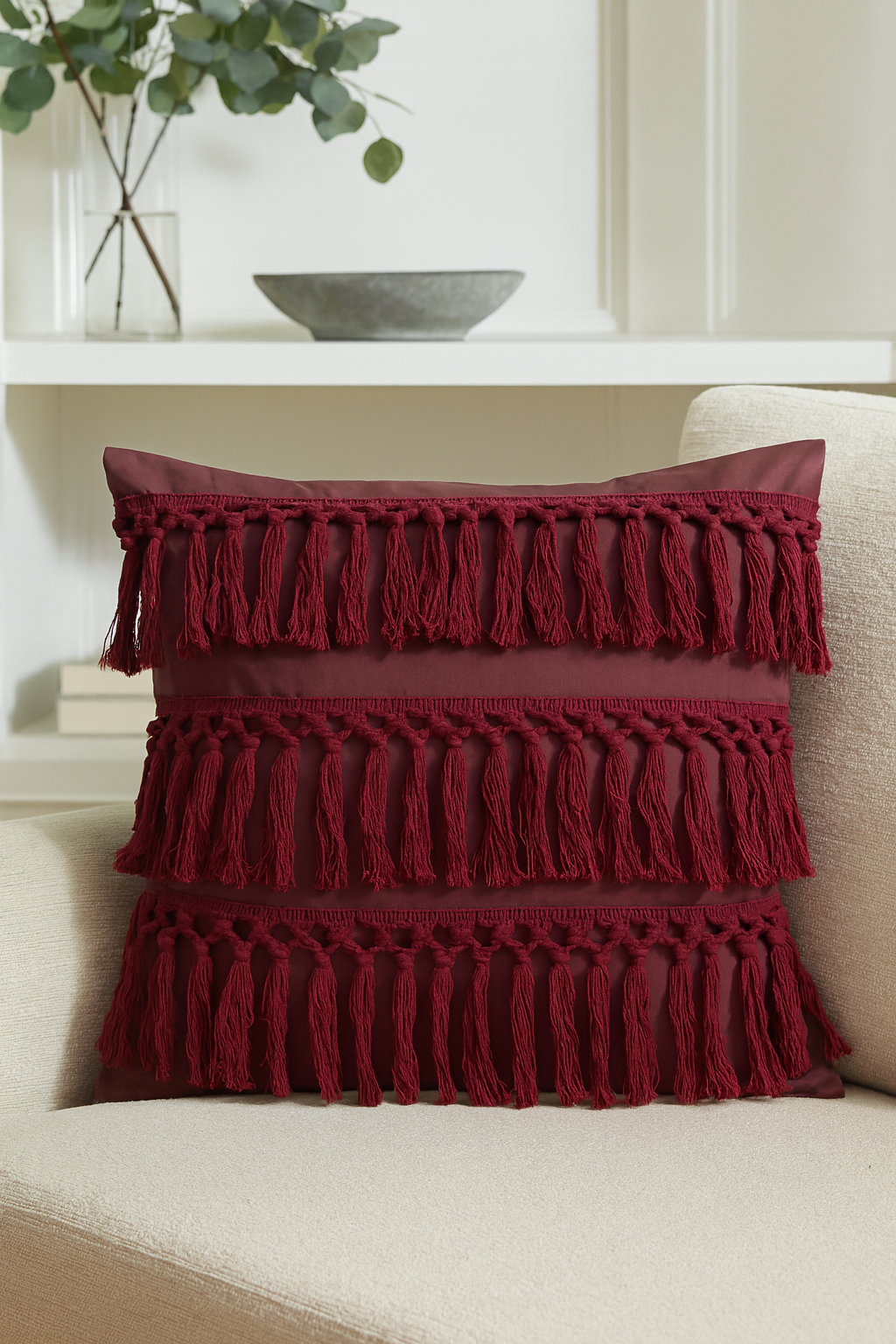 Wine Fringed Cotton 18x18 In Decorative Throw Pillow