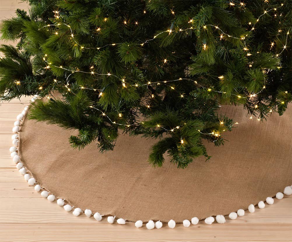 Natural Pom Pom Trim Jute 53" Christmas Tree Skirt