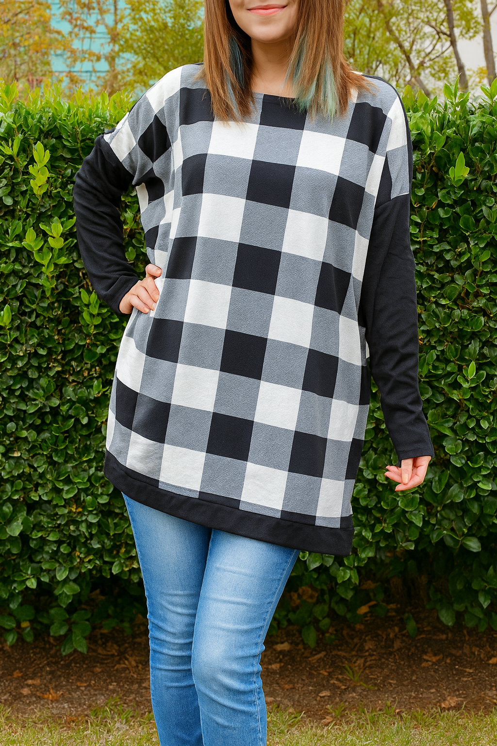 Black-White Buffalo Plaid Casual Blouse