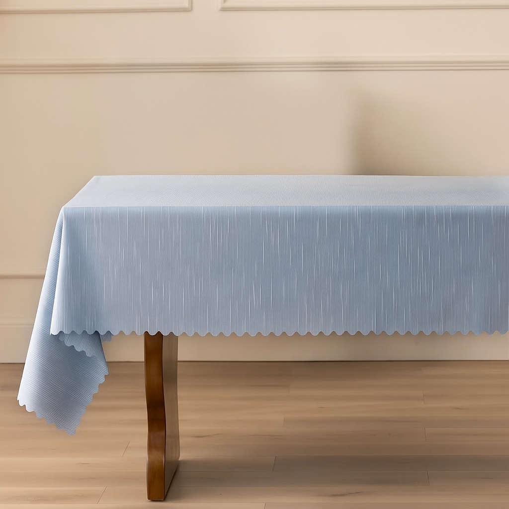 Blue Scalloped Edge Vertical Textured Striped Tablecloth