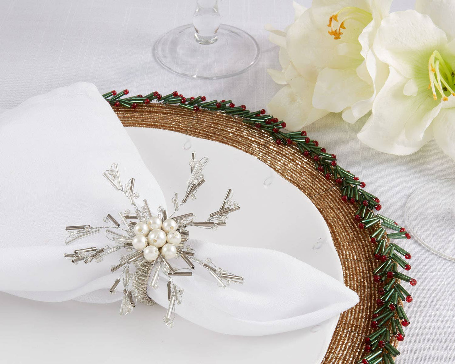NR024 - Silver Beads Ivory Pearl Napkin Ring