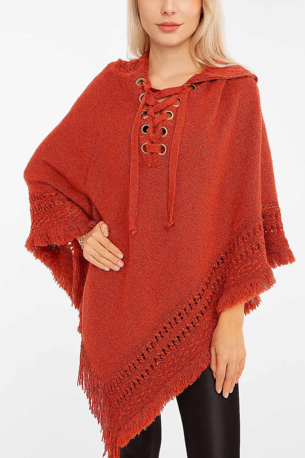 Terracotta Fringed Lace Up Hooded Pullover Poncho