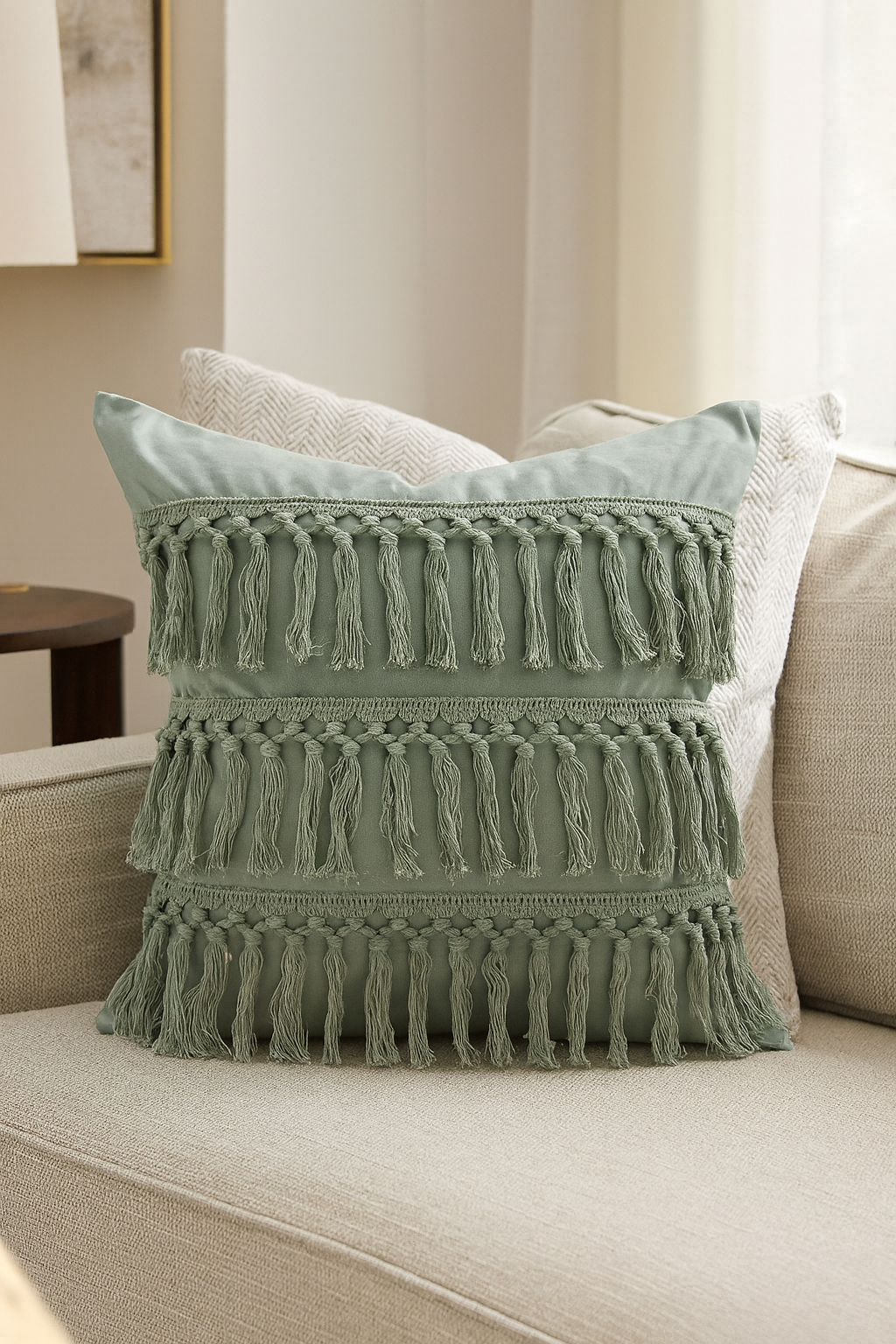 Sage Fringed Cotton 18x18 In Decorative Throw Pillow
