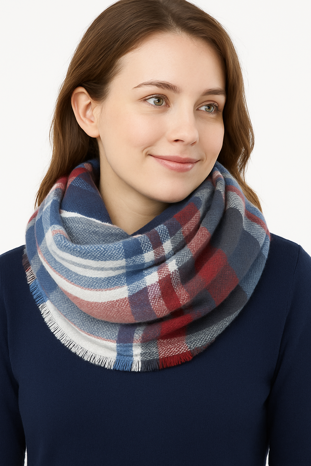 White-Blue Plaid Check Woven Infinity Scarf