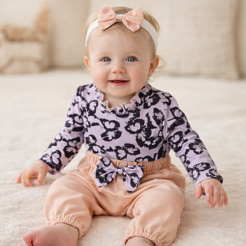 Butterfly Romper, Pants, Headband 3-Piece Baby Outfit