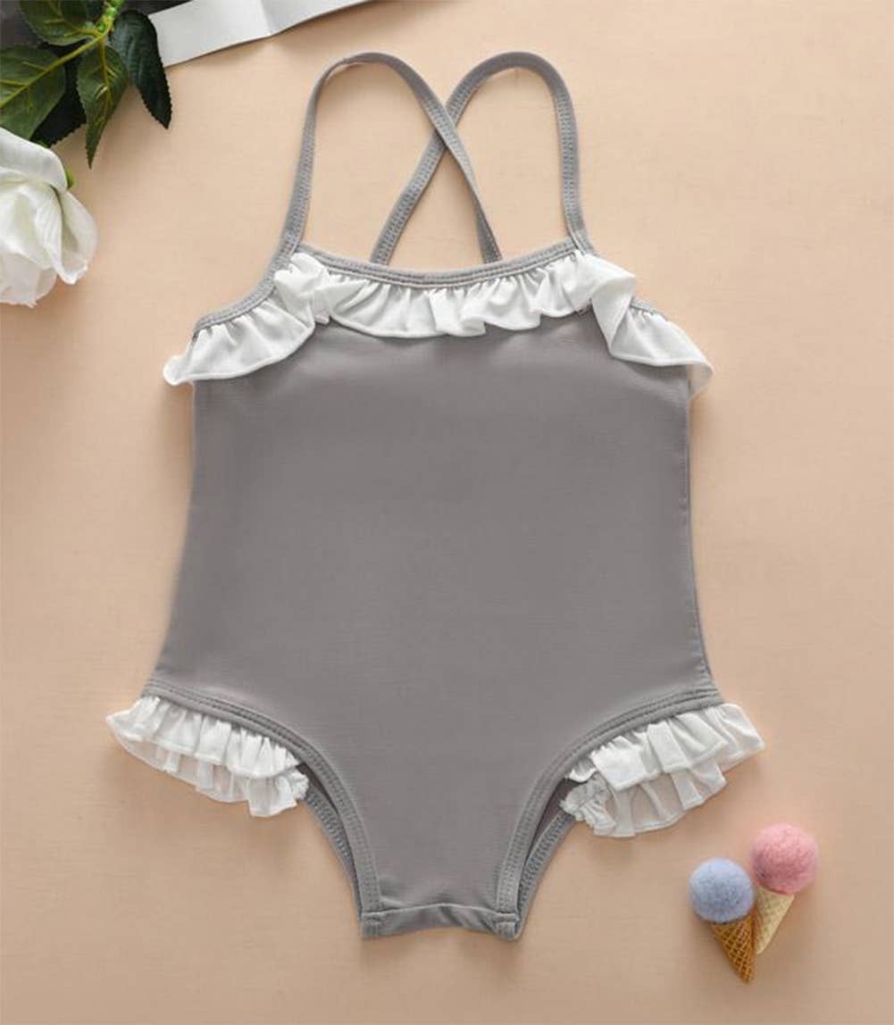 Gray Girls' Ruffle Trim One-Piece Swimsuit